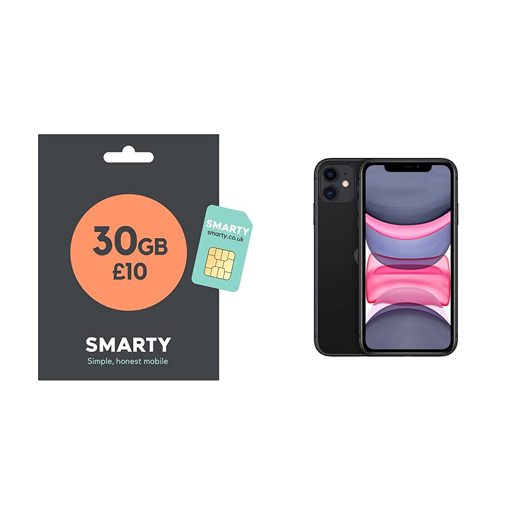 smarty SIM from just £6 for 1 GB or 50 GB for £12, Unlimited Calls and Texts Included with iPhone 11 64 GB, Black