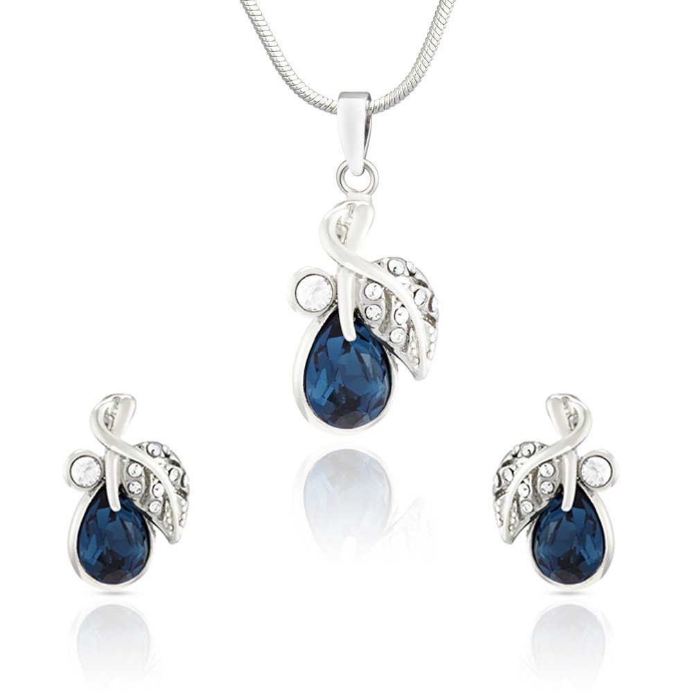 Mahiwith Swarovski Crystals Blue Leaf Rhodium Plated Floral Pendant Set for Women NL1104107RBlu