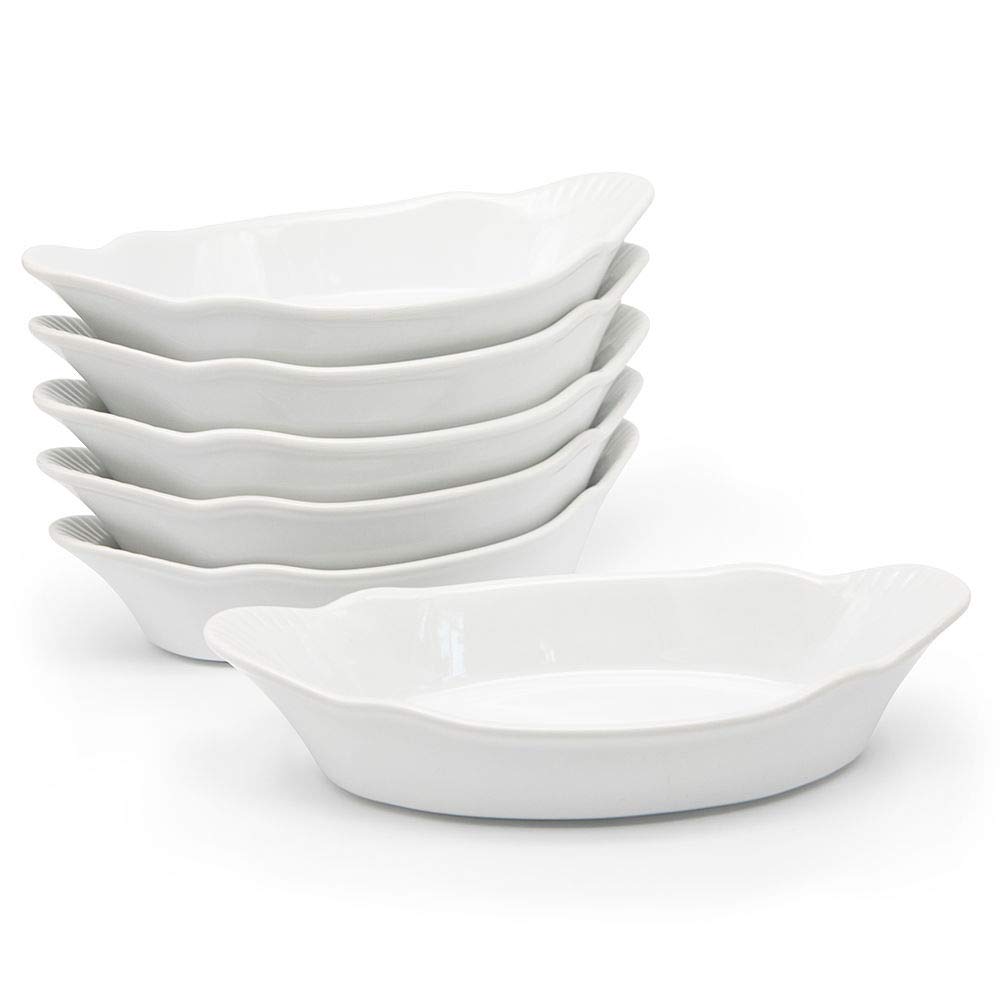 Au Gratin Baking Dishes, by Kook, Mini Casserole Dish, Set of 6, for Banana Split, Oven and Microwave Safe, Dishwasher Safe, Ceramic Serving Dishes, Lasagna & Cobblers, Individual Serving, 18 oz (Marshmallow White)