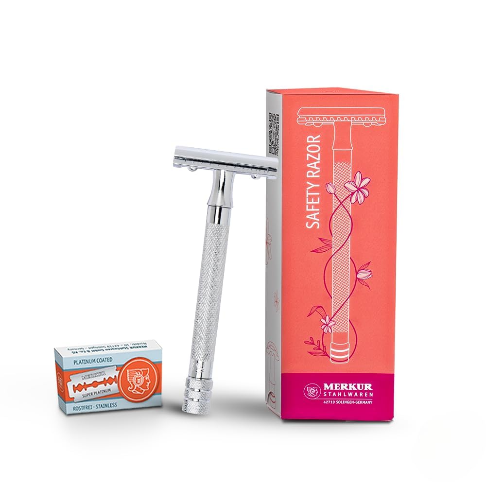 MERKUR 24C Safety Razor For Women with 10 Double Edge Blades | Extra Long Handle | Three-piece Razor | Straight Cut | Bright Chrome Finish | Made in Germany