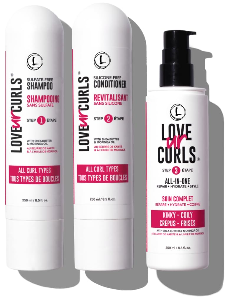 Love Ur Curls Shampoo & Conditioner Set with All in One Curl Cream Styler for Kinky & Coily Hair, 3 Step System to Repair and Moisturizing