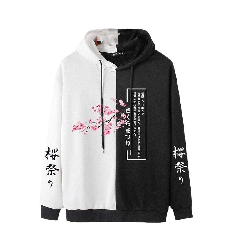 USTZFTBCLMen's Pullover Hoodies Cherry Blossom Sweatshirts Japanese 3D Print Two Tone Patchwork Hoodies