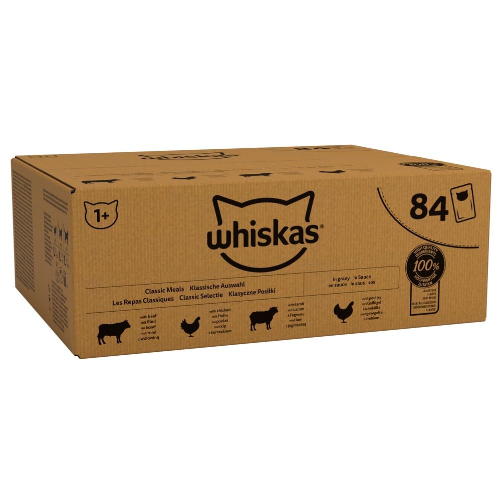 Whiskas 1+ Adult Classic Selection in Gravy 84 Pouches, Adult Wet Cat Food, Megapack (84 x 85 g)