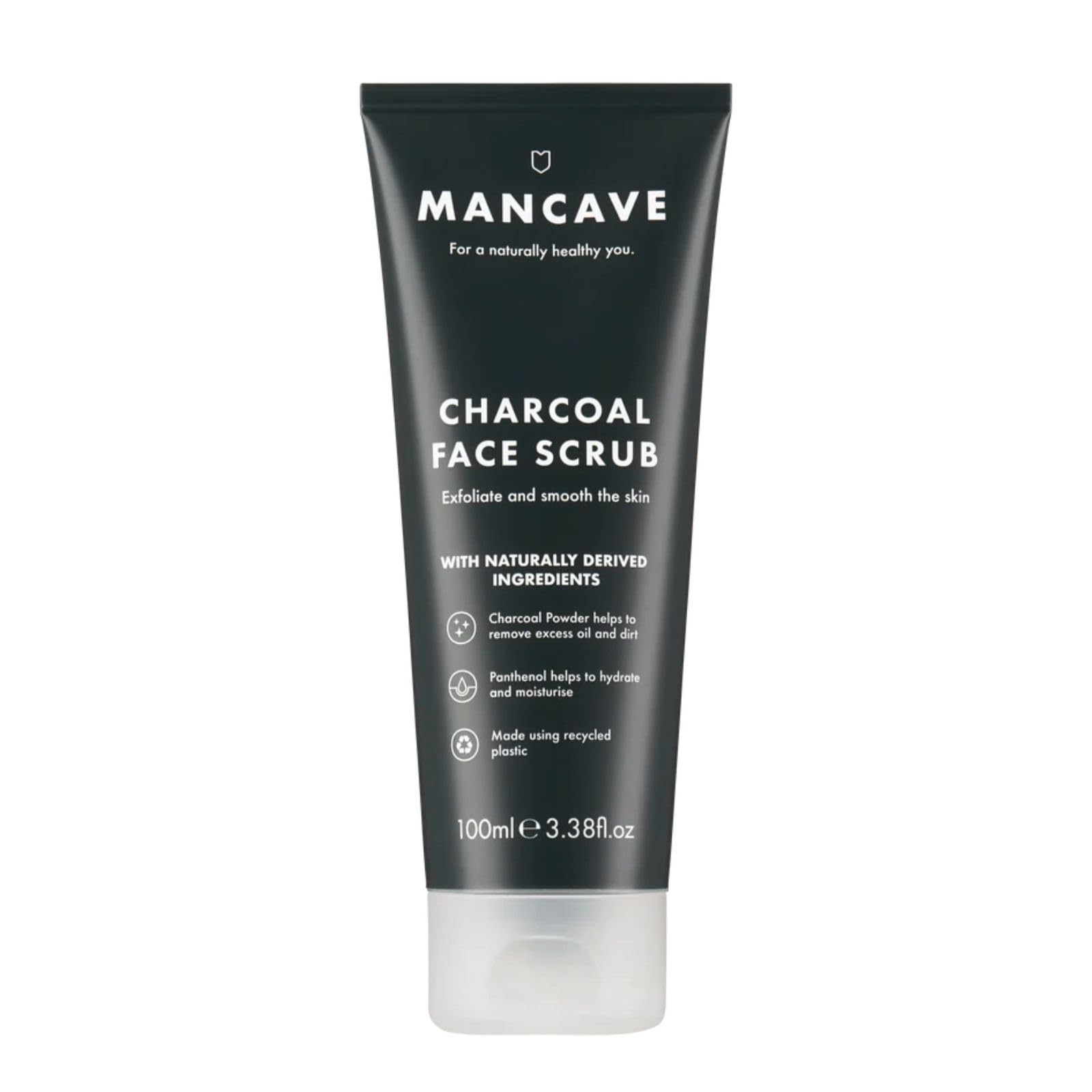 ManCaveCharcoal Face Scrub 100ml for Men, Exfoliate & Smooth Skin, Dermatlogically Tested, Natural Formulation, Vegan Friendly and Cruelty Free, Tube made from Recycled Plastics, Made in England