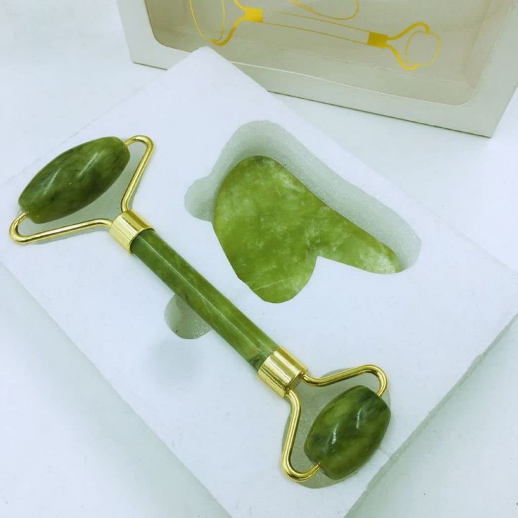 BePrincess Jade Roller & Gua Sha Set Face Roller and Gua Sha Facial Body Eyes Neck Massager Tools for Skin Care Routine and Puffiness Reduce Wrinkles Aging, Zinc alloy silent roller (GREEN)