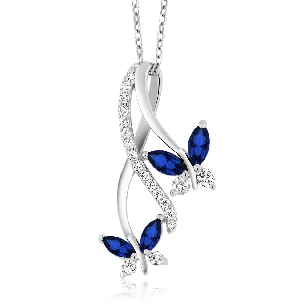 Gem Stone King925 Sterling Silver Created Blue Sapphire Necklace | Butterfly Infinity Pendant Necklace for Women | 1.21 Ct Marquise | With 18 Inch Silver Chain