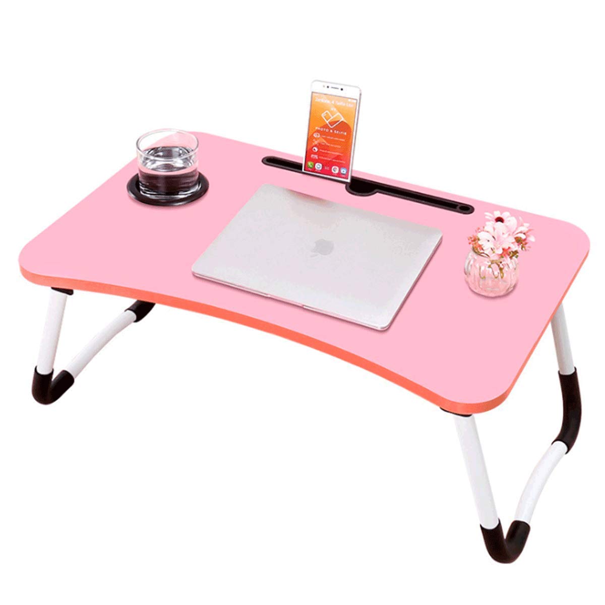 Beauenty Folding Bed Table Laptop Tray with iPad and Cup Holder Adjustable Lap Tray Notebook Stand Foldable Portable Standing Desk for Indoor Outdoor Camping Study Reading Eating (Pink)