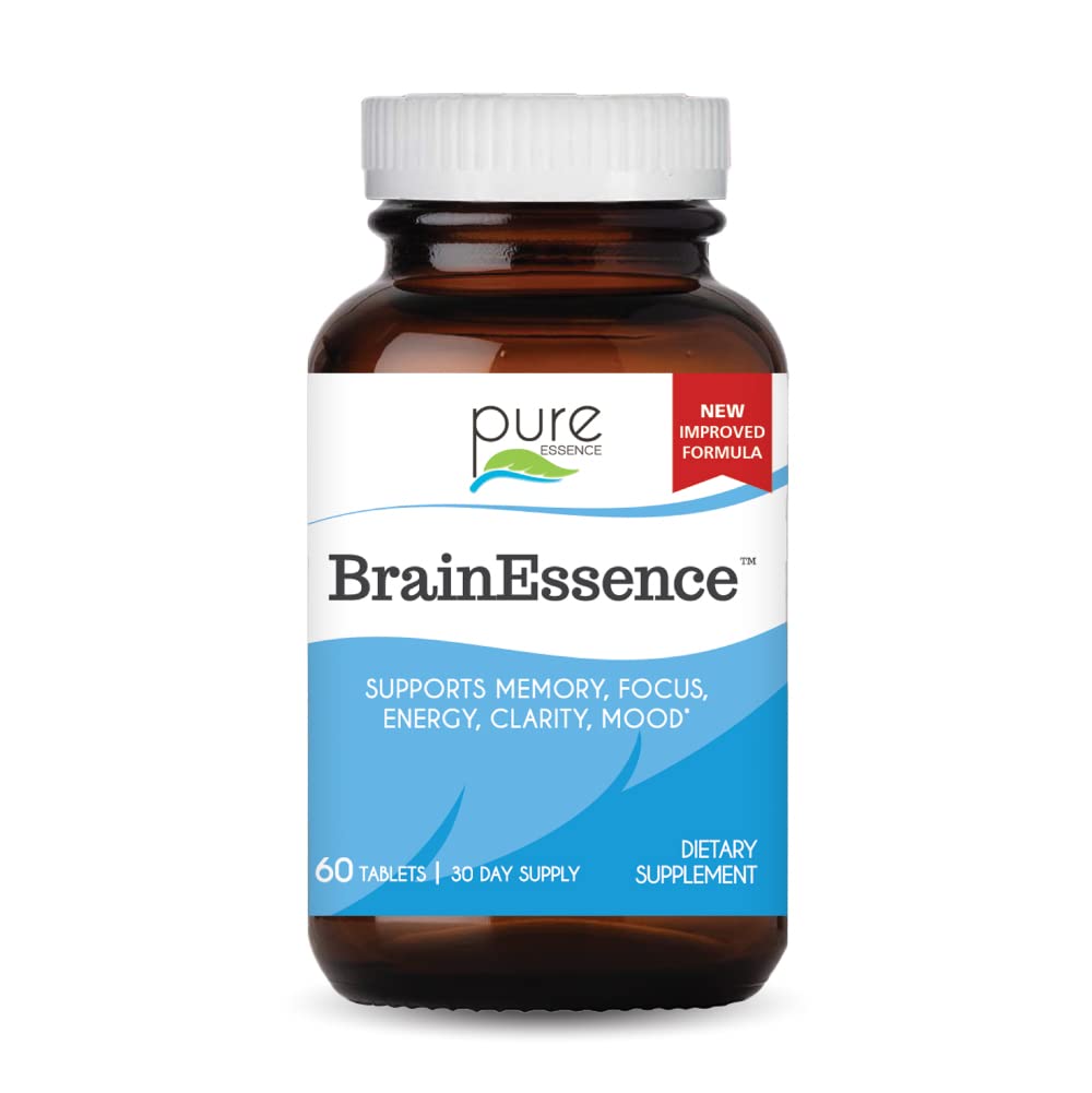 PURE ESSENCE LABSBrain Essence - Memory Supplement & Vitamin for Men, Women & Adults - Herbal Booster for Memory, Focus, Clarity & Stress Relief - Bacopa Monnieri, Ashwagandha & More (60 Tablets)