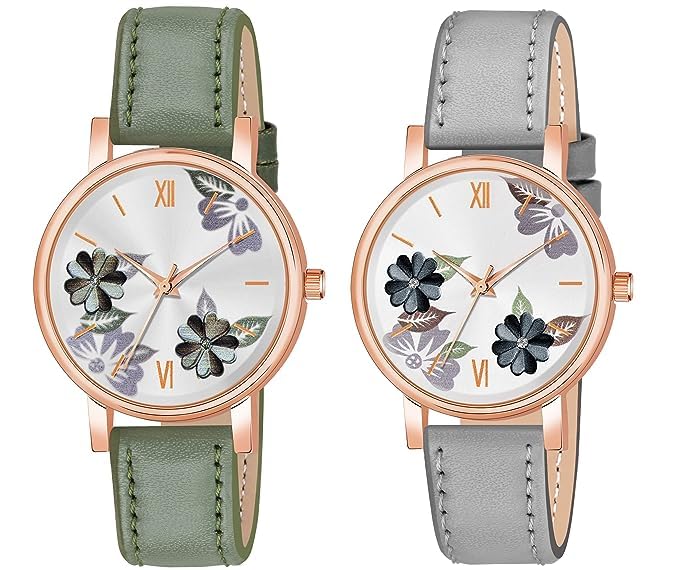 A STAR Analogue Pack of 2 Multicolored Flower Designer Leather Strap Women's and Girl's Watch