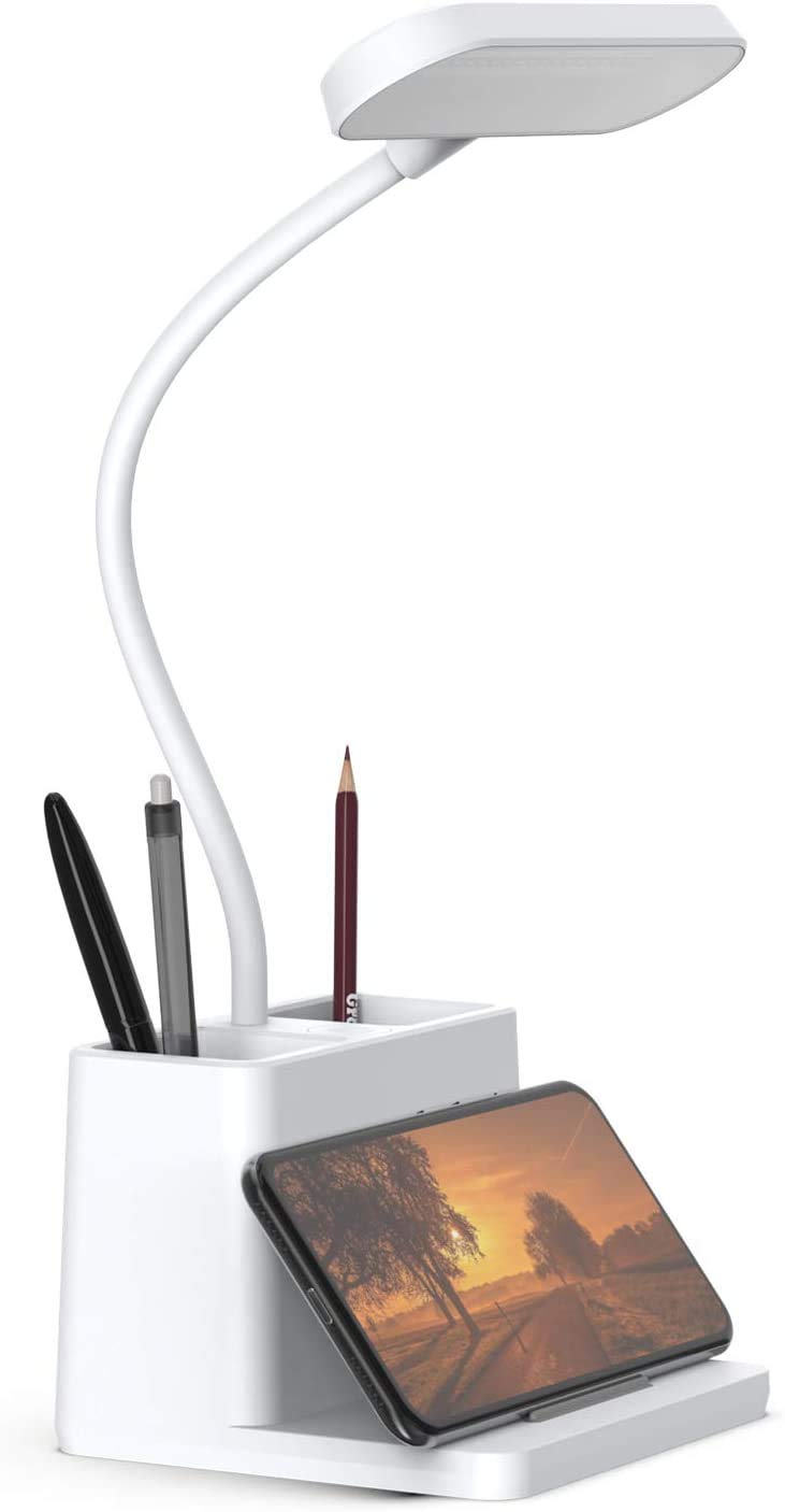 SOZAKKAACPLAY LED Desk Lamp with Pen Holder, Desk Light for Computer/Desktop-White, Rechargeable, Eye-Caring, Flexible Gooseneck-Bedside Table Lamp for Reading,Study Lamp for Kids, Home, Office(White)