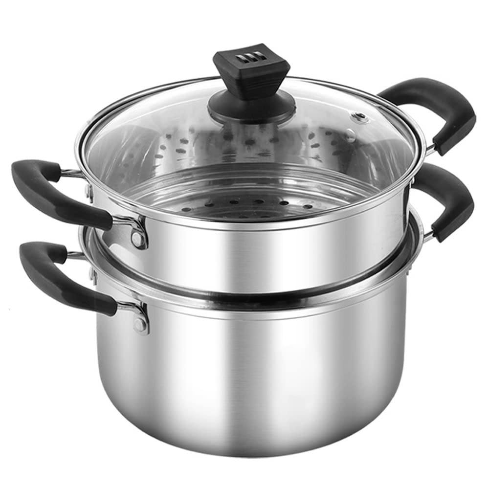 Masroo 3 Piece Premium Heavy Duty Stainless Steel Steamer Pot Set Includes 3400ml Cooking Pot, 2200ml Steamer Insert and Vented Glass Lid | Stack and Steam Pot Set for All Cooking Surfaces