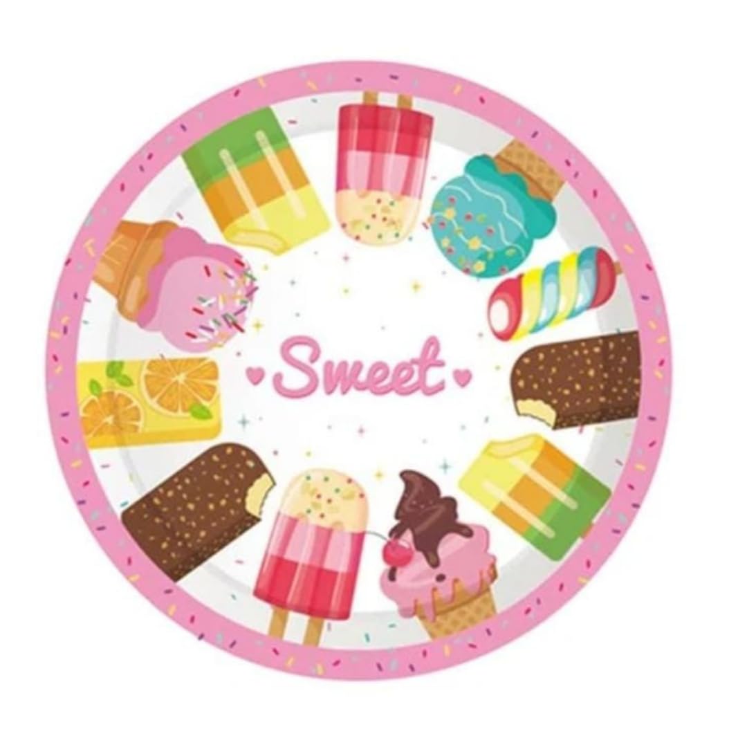 WANNA PARTY Pack of 8 Candyland Party Tableware, Ice Cream Birthday Paper Plates,Candy Party Table Decorations for Girls