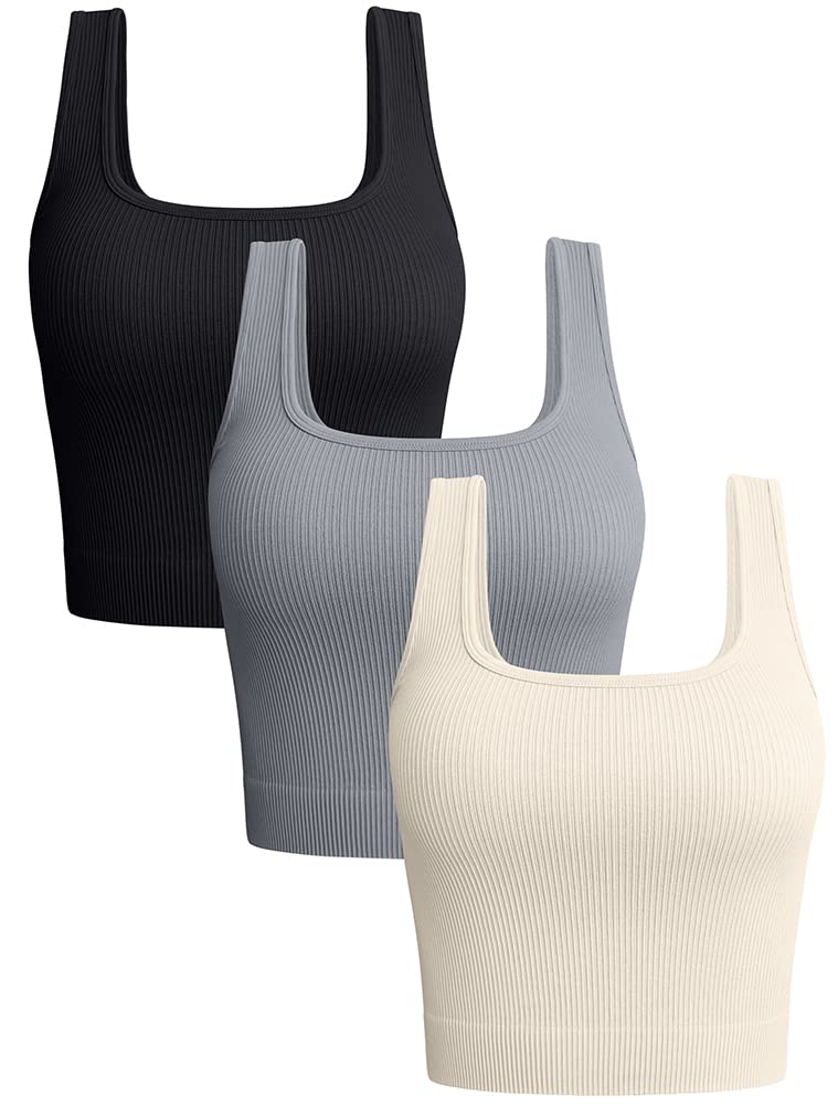 OQQWomen's 3 Piece Tank Tops Ribbed Seamless Workout Exercise Shirts Yoga Crop Tops