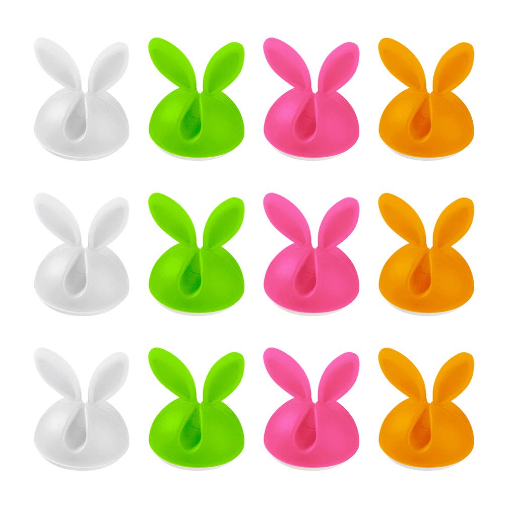 Viaky 12 Pack 4 Colors Cable Clips Desktop, Silicone Cute Bunny Cable Holders Cable Management Adhesive Drop Wire Holder for Office Table, Desk, Wall, Car, Computer and Nightstand