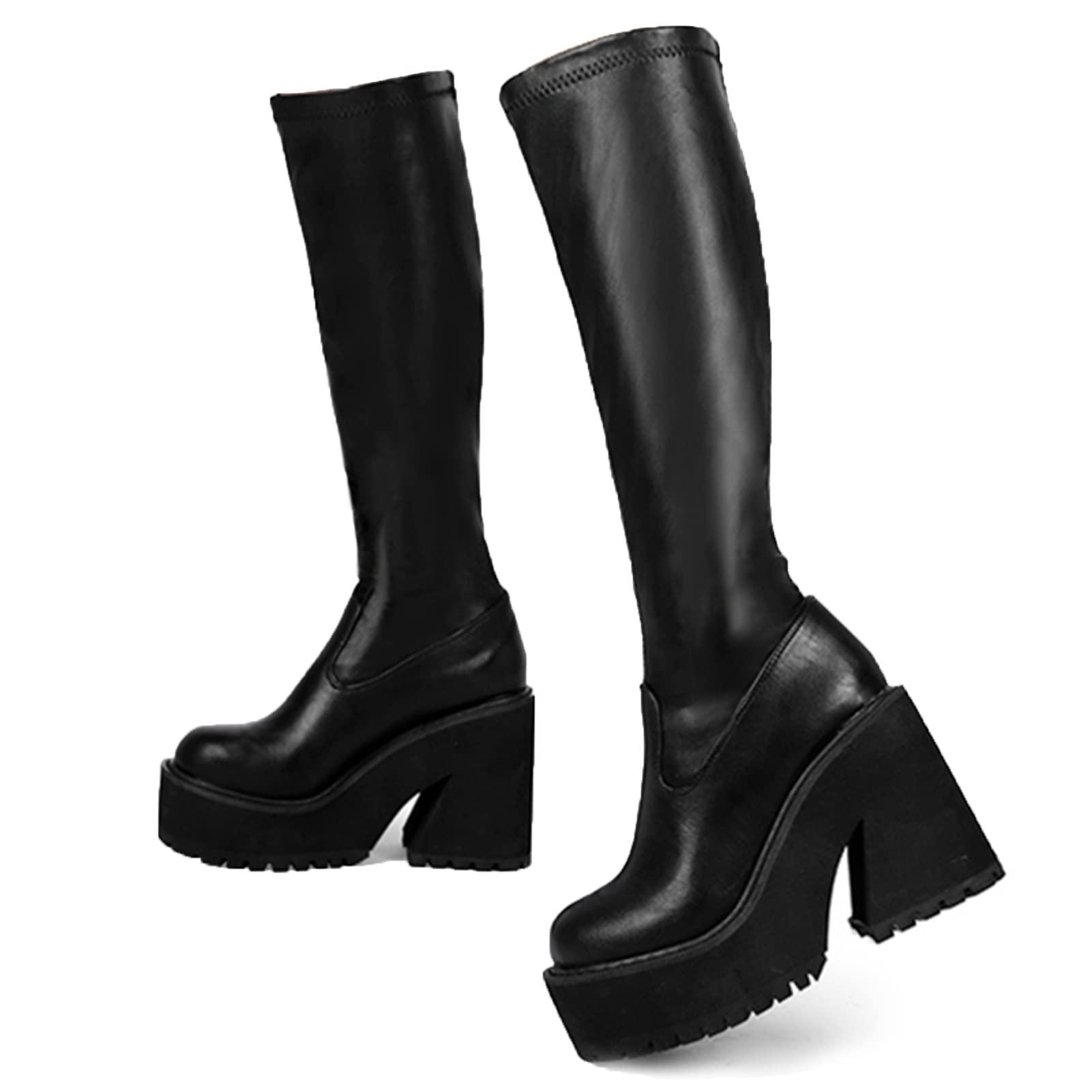 AMINUGAL Womens Elastic Knee High Boots Platform Chunky Block High Heel Sock Boots Zipper Round Toe Fashion Motorcycle Combat Punk Boots For Women