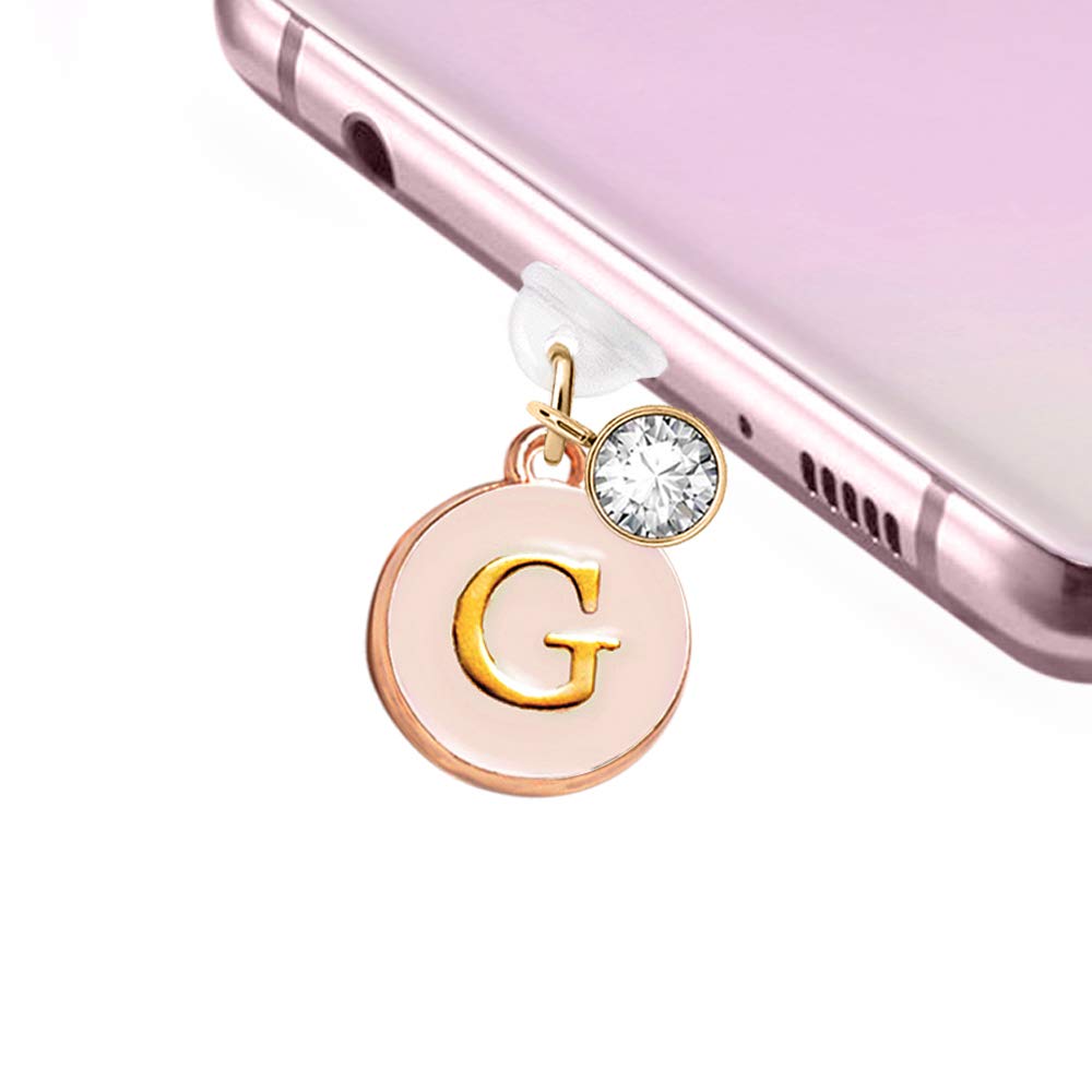 ELISE & FONDA TP7 New Type-C USB Charging Port Anti Dust Plug Cute Round Initial letter G Pendant Cell Phone Charm for Samsung Galaxy/Huawei/OnePlus/Xiaomi/oppo New Android Phones(Blanchedalmond)