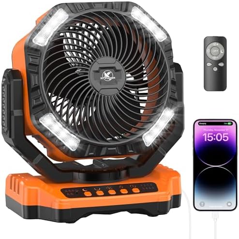 40000mAh Rechargeable Fan, Battery Operated Oscillating Outdoor Fan, Battery Powered Table Fan for Home Hurricane Jobsite Garage, Portable Tent Fan with Remote Light Hook for Camping Trip RV