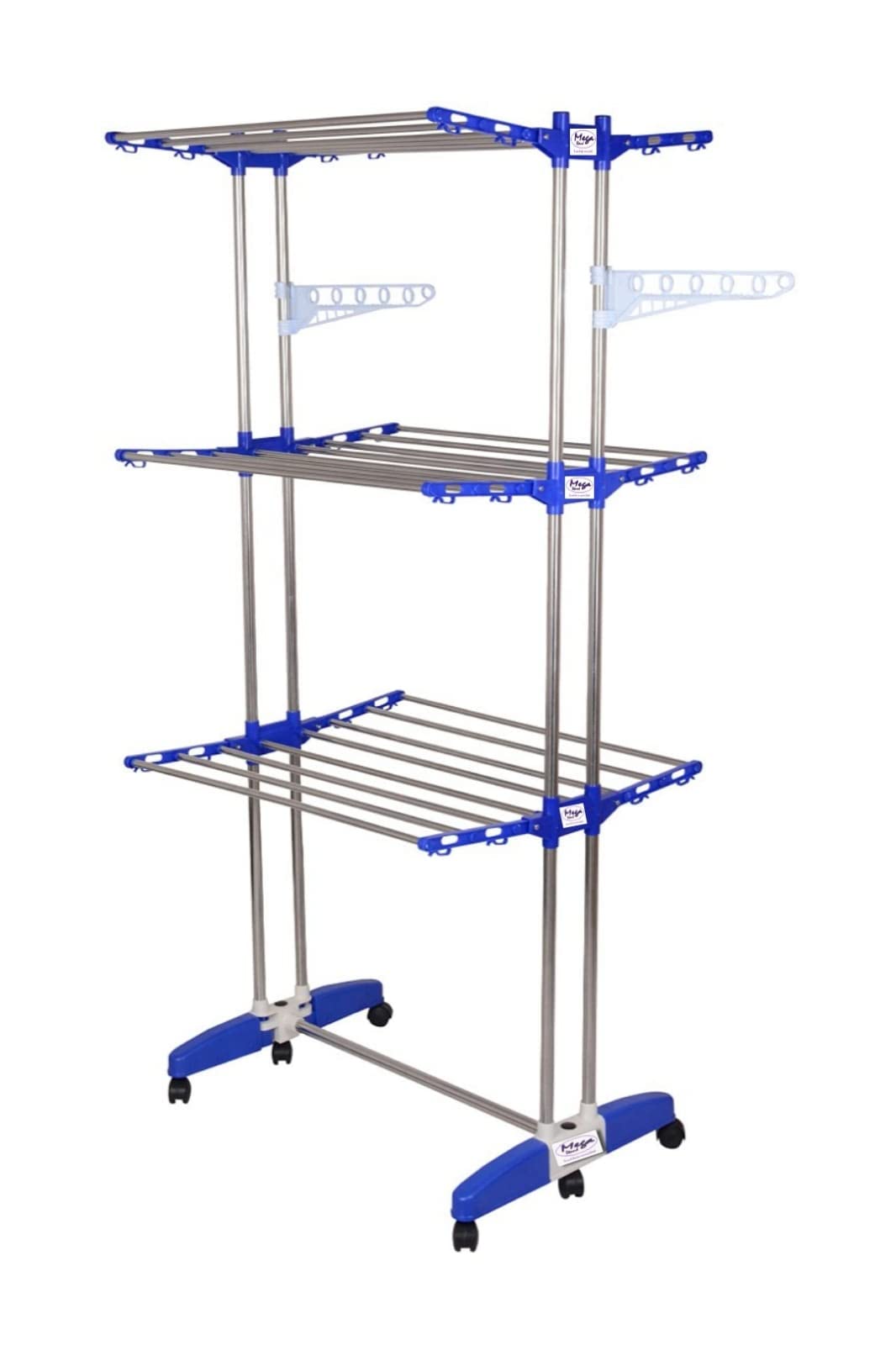 Mega stand Clothes Stand for Drying Stainless Steel, Multi Layer Cloth Drying Stand with 6 Caster Wheels (Blue)