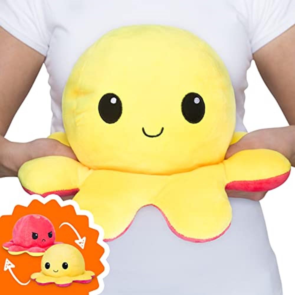 TeeTurtle | The Original Reversible Big Octopus Plushie | Patented Design | Red + Yellow | Happy + Angry | Show Your Mood Without Saying a Word!