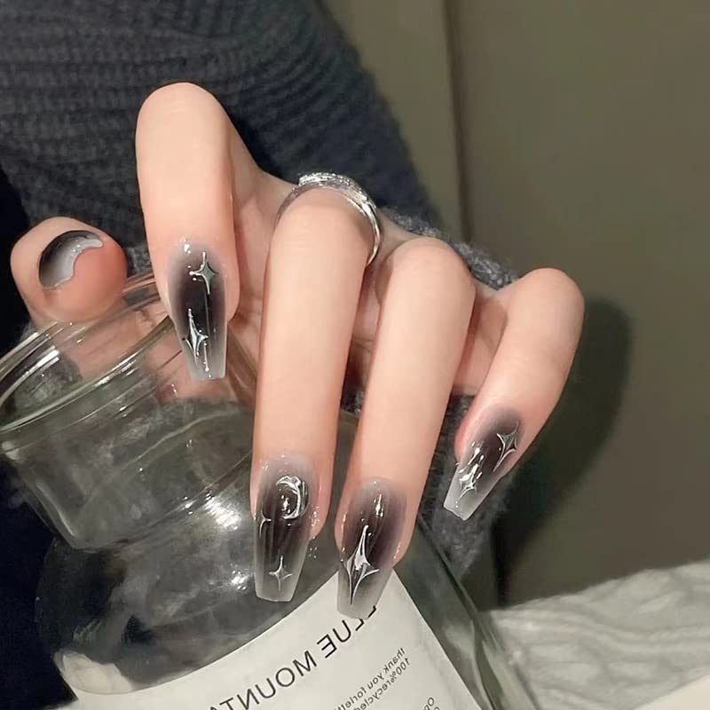 Grey Black French Tip Star Moon Press on Nails Medium Length Fake Nails Glossy Gradient False Nails Full Cover Blush Black Artificial Acrylic Nails Silver Star Moon Glue on Nails for Women Girls 24pcs