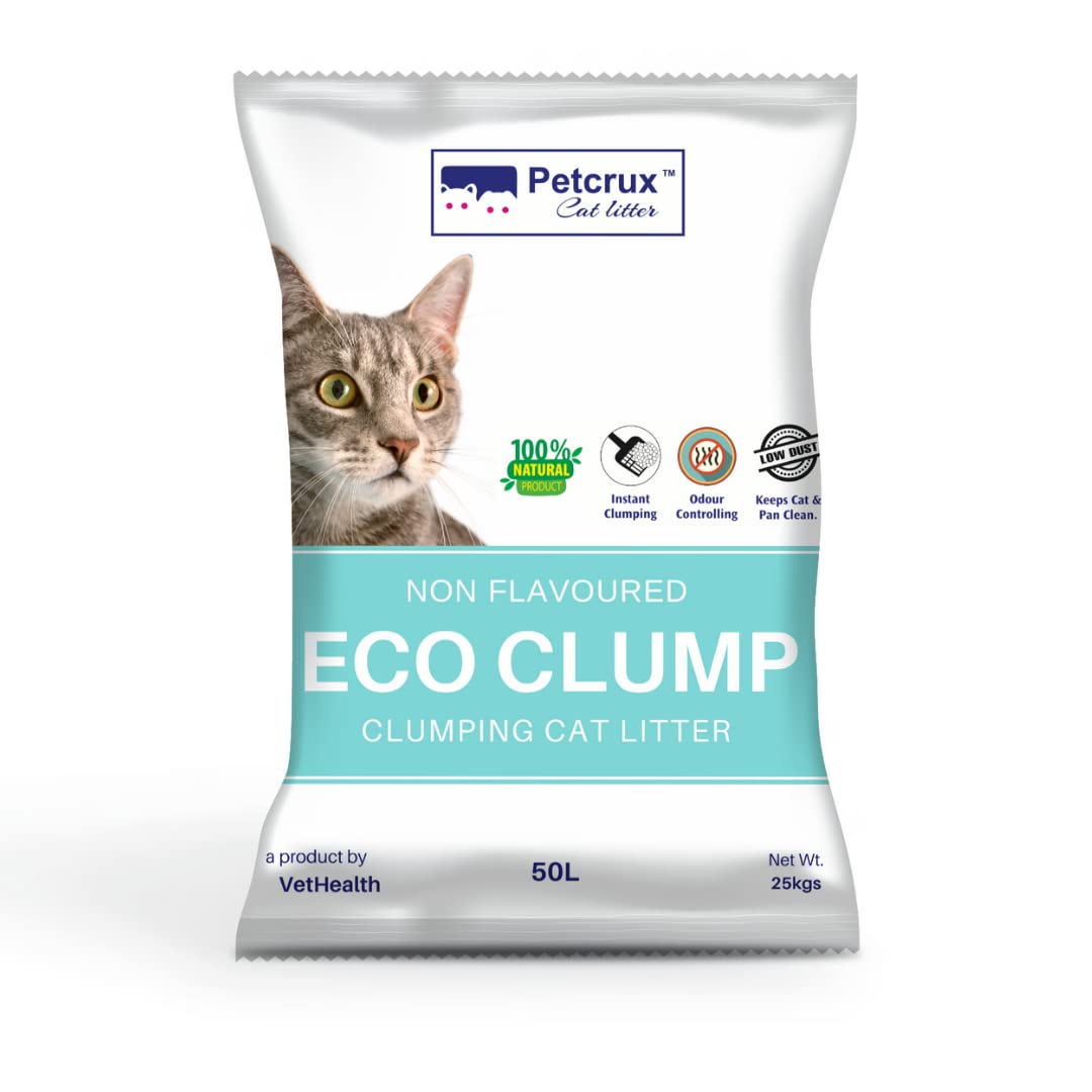 PetCrux Eco Clump Cat Litter | Unscented Bentonite Clay| Natural Ingredients | Superior Odour Control | 99.9% Dust Free Scoopable (for Multiple Cats), 50L, Equivalent to 25 Kg