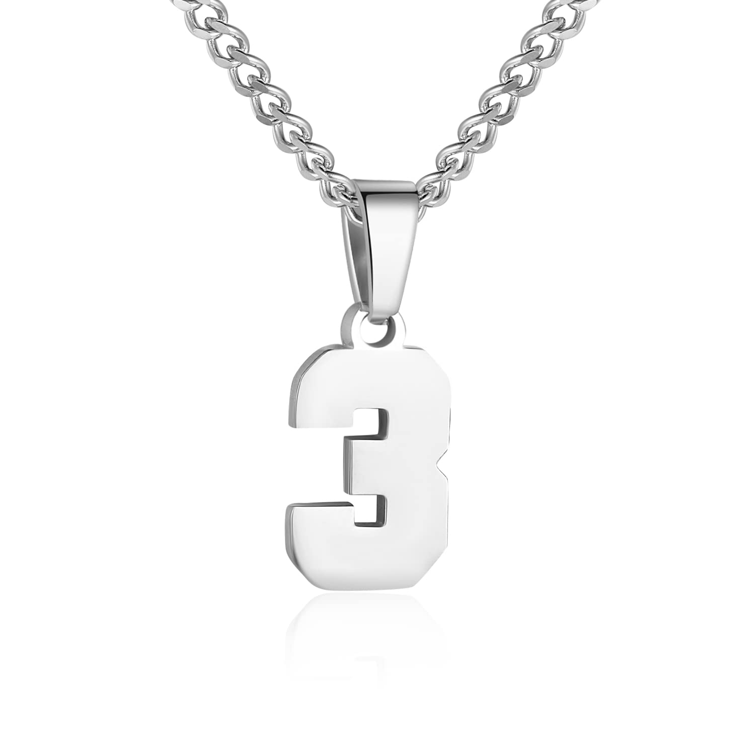 Number Necklace for Boy Silver Athletes Number Chain Stainless Steel Charm Pendant Personalized Sports Jewelry for Men Basketball Baseball Football, Stainless Steel, No Gemstone