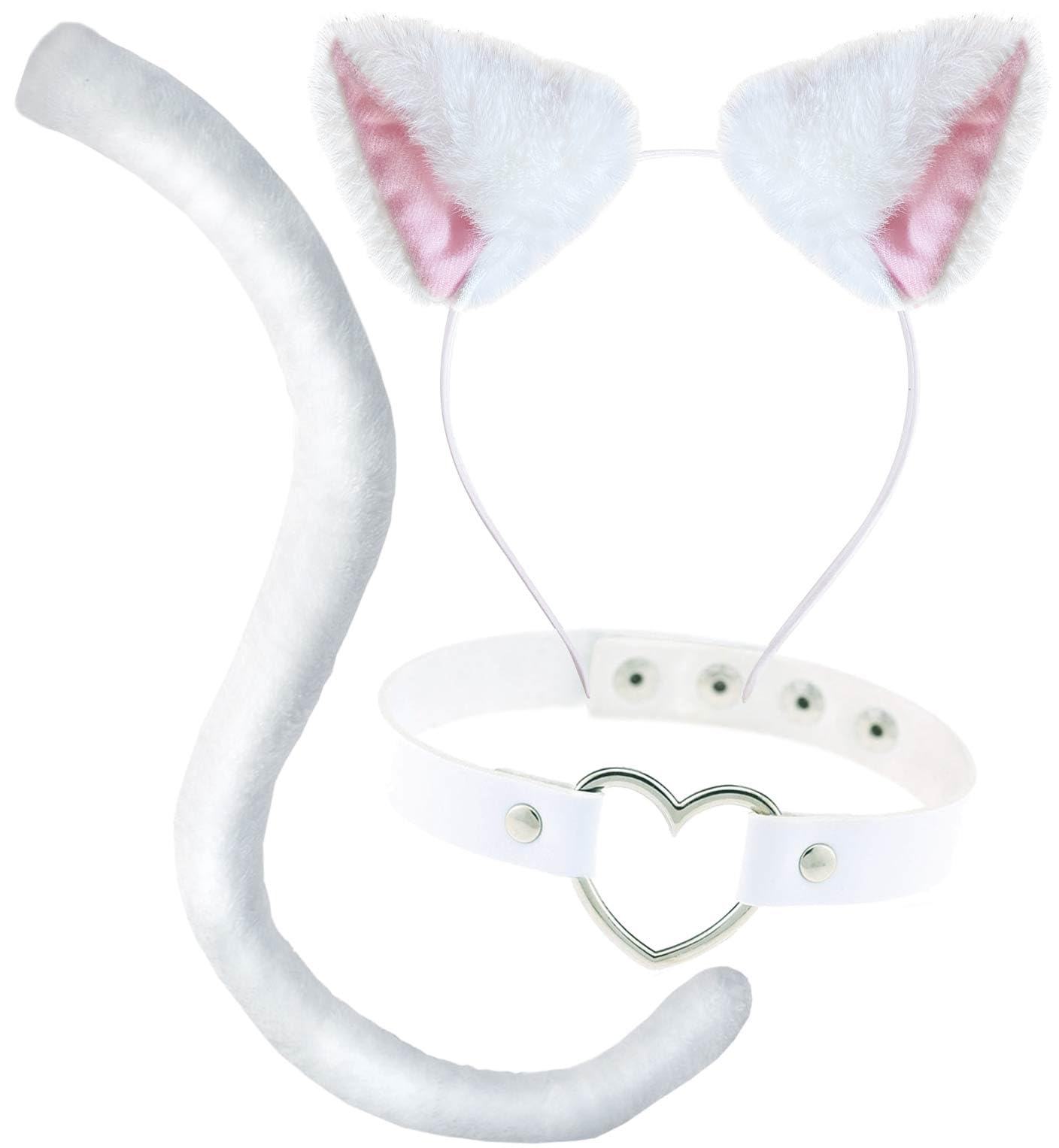 OLYPHANCat Ears and Tail Costume Accessories Anime Faux Fur Cat Ear Headband Ear Clips & Long White Tail & Heart Choker Collar for Cosplay Cat Set Animal Ears Hair Clip for Women, Halloween 3 PC