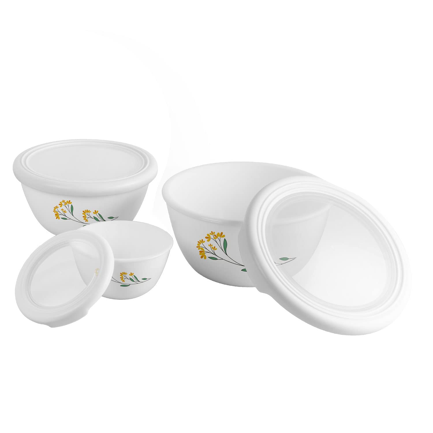 CelloOpalware Mixing Bowl Set with Premium Lid, Yellow Blossom, Set of 3, (500 ml, 1000 ml, 1500 ml), White