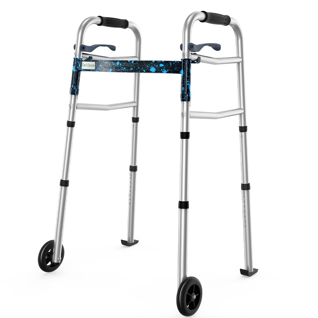 OasisSpace Compact Folding Walker with Trigger Release and 5 Inches Wheels for Seniors Elderly [Accessories Included] Narrow Lightweight Support up to 350 lb(FSA or HSA Eligible)