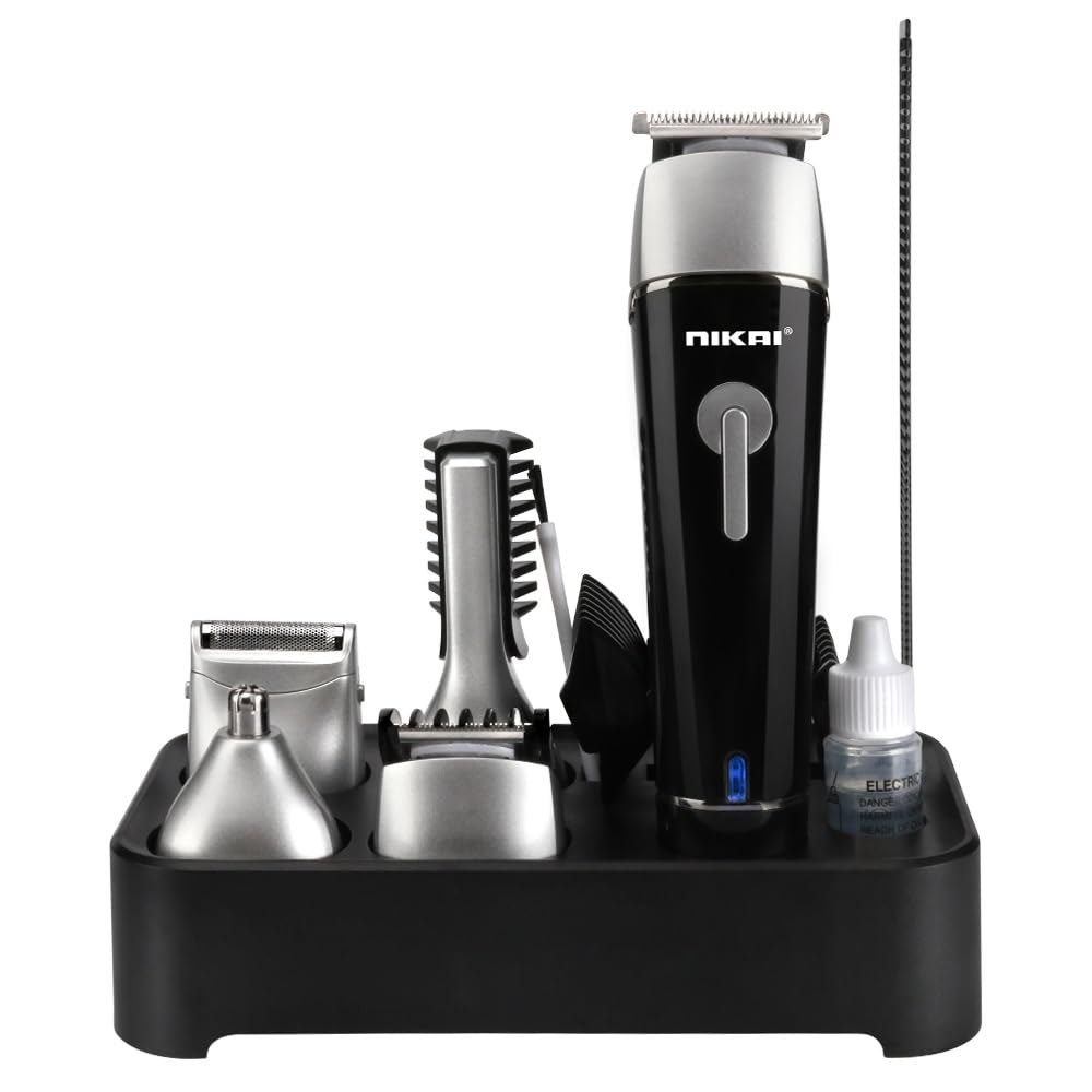 NIKAI NK-2218 5-in-1, Face, Hair and Body - Multi Grooming Kit, Hair Trimmer, Beard Trimmer, Ear & Nose Trimmer Head Shaver, Sideburn trimmer Full Body Grooming Kit, with Adaptor Charging Pod & Stand