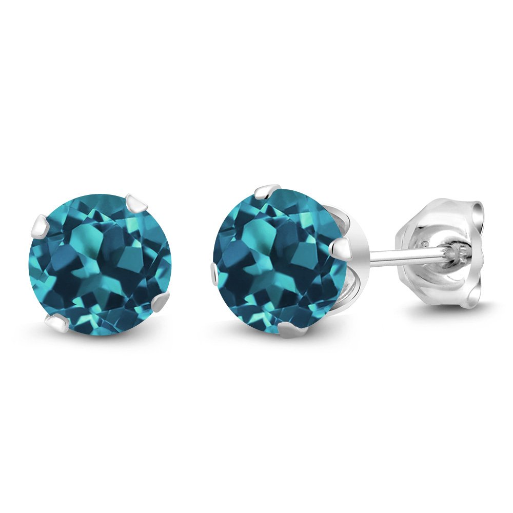 Gem Stone King925 Sterling Silver London Blue Topaz Stud Earrings For Women - 1.50 Cttw Round 6MM Gemstone Birthstone Jewelry, Metal Gemstone, Topaz