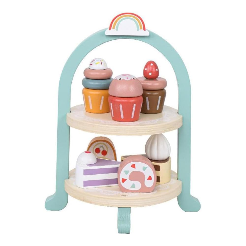 TOYBY Wooden Cake Dessert Tea Set for Little Girls Boys, Pastry Afternoon Tea Toy Pretend Play Set, Toddler Cake Cupcake Set Play Kitchen Accessories Play Food Playset for Kids Tea Party Toy