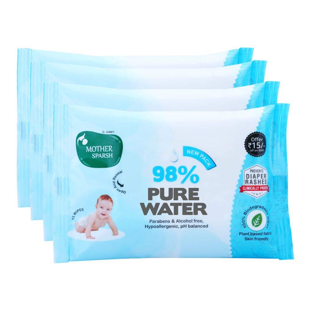 Mother SparshScented Water Cotton Plant Fabric, Biodegradable Wipe (Blue, 15 Wipes) - Pack of 4