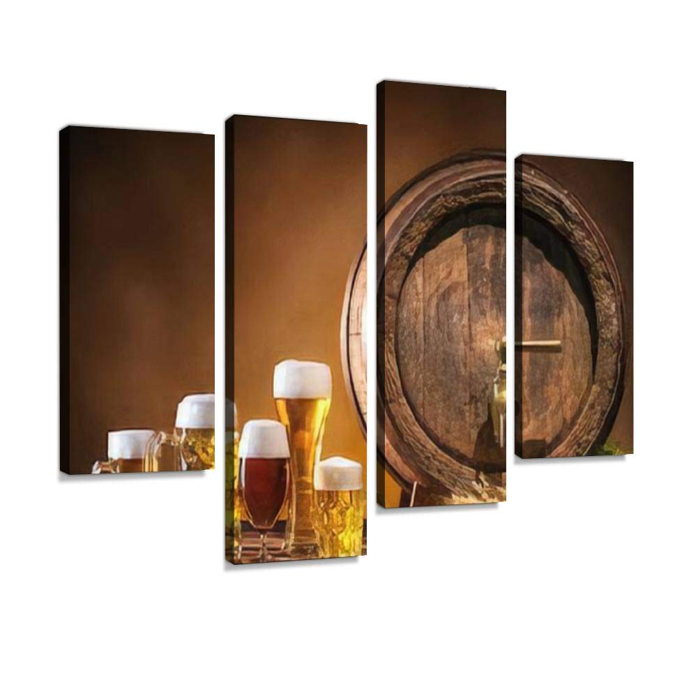 HIPOLOTUS 4 Panel Canvas Pictures Oktoberfest beer barrel and beer glasses with wheat and hops on wooden Wall Art Prints Paintings Stretched & Framed Poster Home Living Room Decoration Ready to Hang