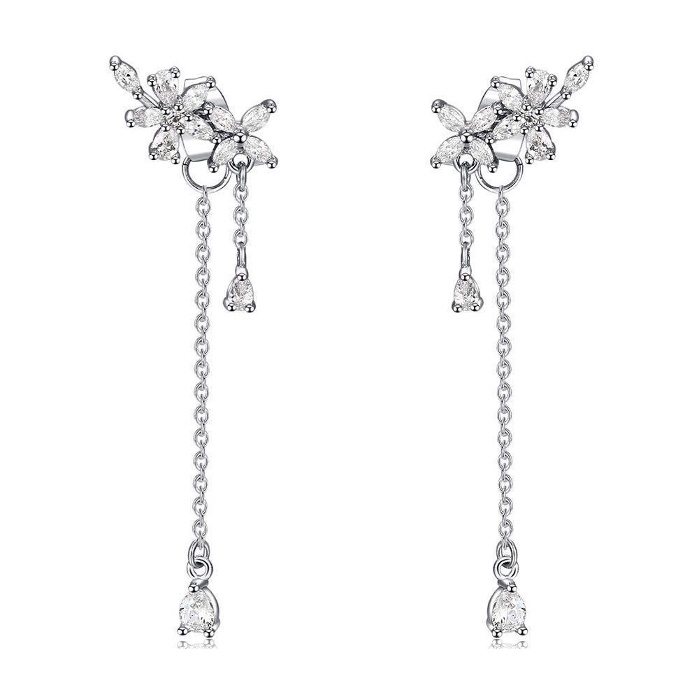 El Regalo925 Silver Plated Dainty Flowers Threader Detachable Tassel Chain Leaves Wrap Earrings Crawler for Girls & Women