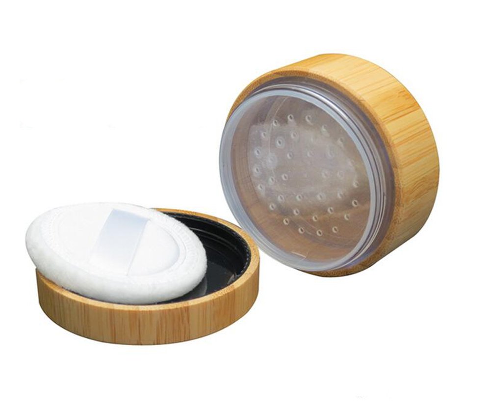 1PC 30G/1oz Bamboo Appearance Loose Powder Compact Box with Sifter and Sponge Puff - Make up Jar Case Cosmetic Storage Container