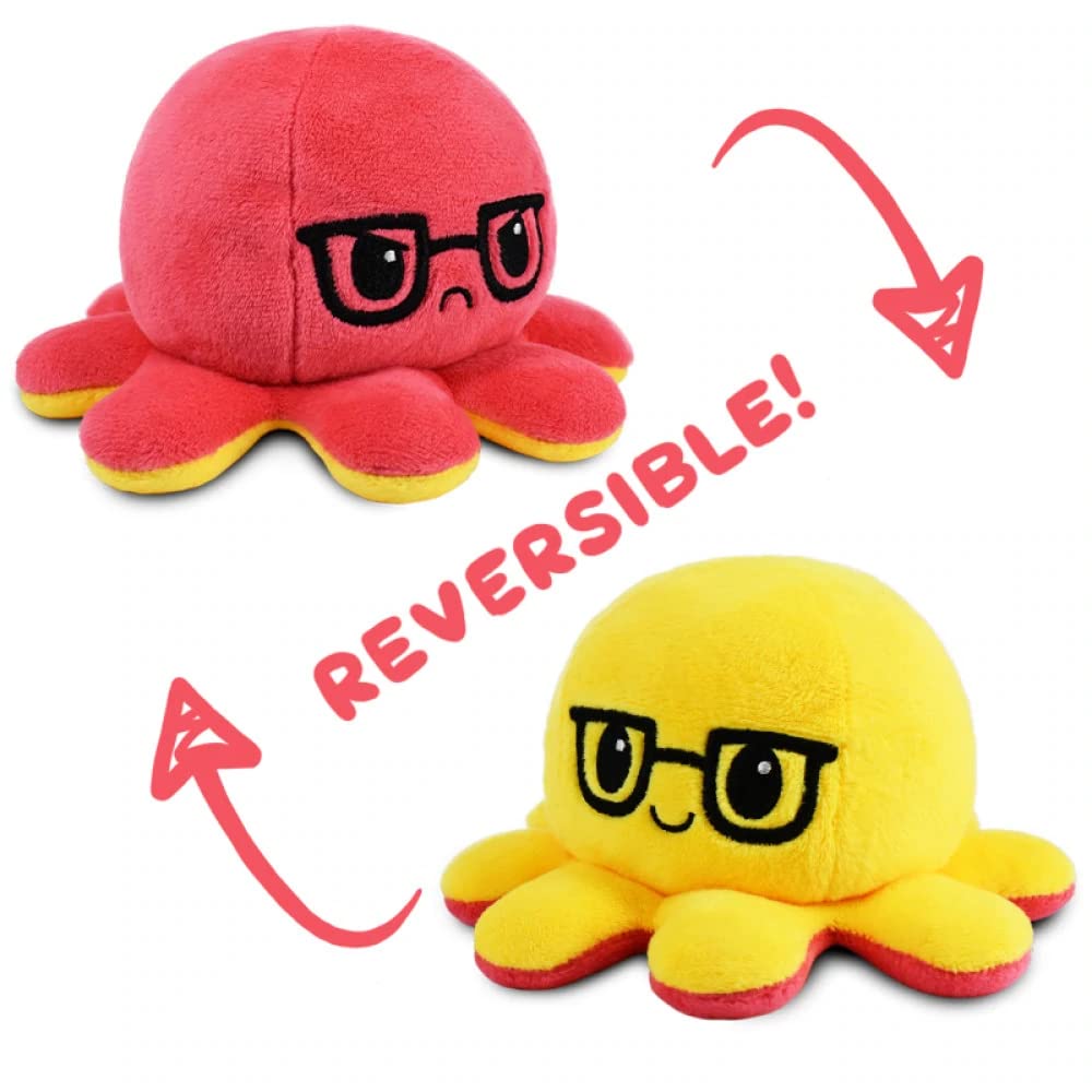 TeeTurtle | The Original Reversible Octopus Plushie | Patented Design | Red and Yellow with Glasses | Happy + Angry | Show Your Mood Without Saying a Word!