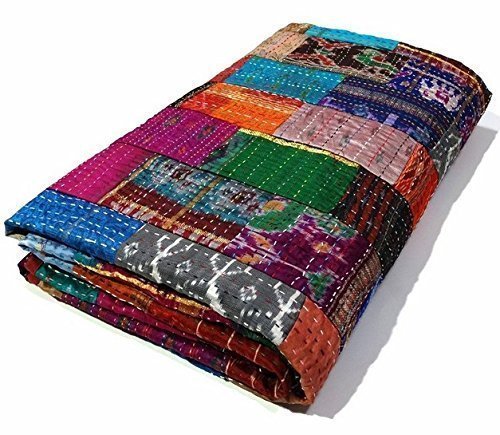 Fashion Hub Textile Work Creations Quilt Bedcover Bedspread Kantha Quilt Indian Bedding Blue Grey Throw Tapestry Hand Embroidered Pure Cotton Quilted Bedding 90 X 108 Inches (Queen Size), skinfriendly