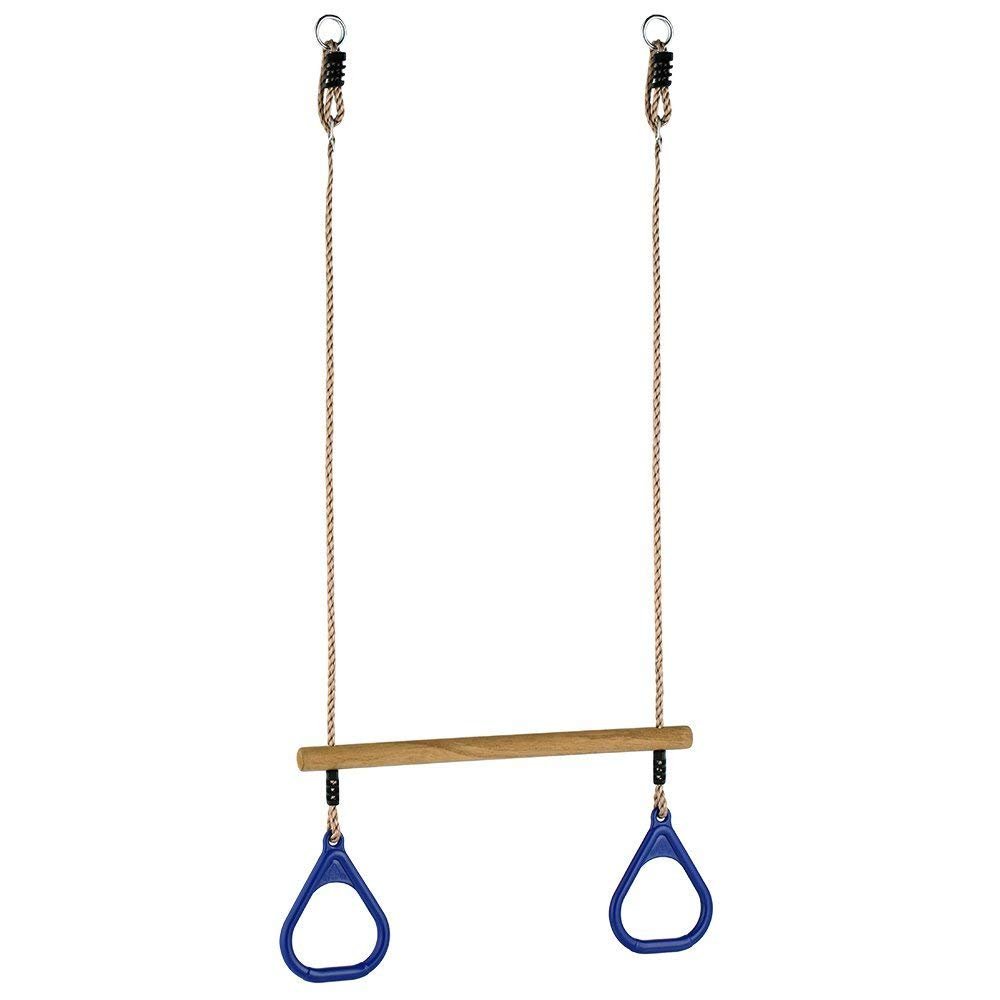 HUAWELL Wooden Trapeze with Plastic Gym Rings - Outdoor N Indoor Playground 2 in 1 Swing Set Accessories for Kids (Blue)