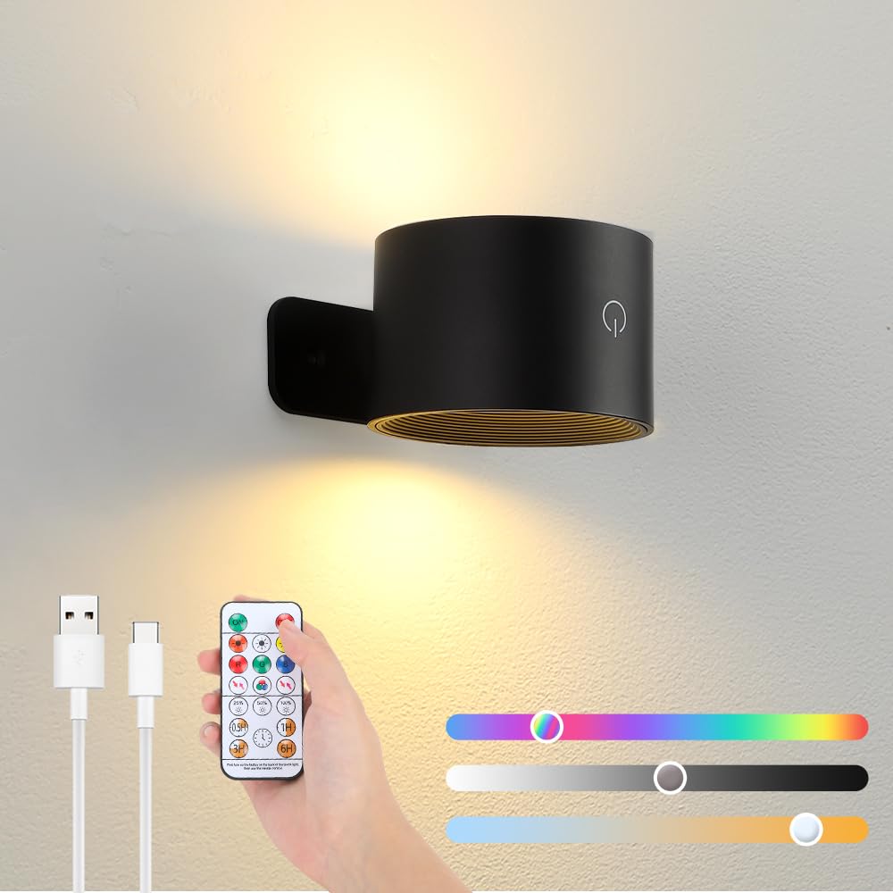 Battery Operated Wall Sconce with RGB Remote Control, 19 Colors Dimmable Rechargeable Wall Lights, Indoor Cordless Wall Lamp with Magnetic 360° Rotation for Bedroom Living Room(Black)