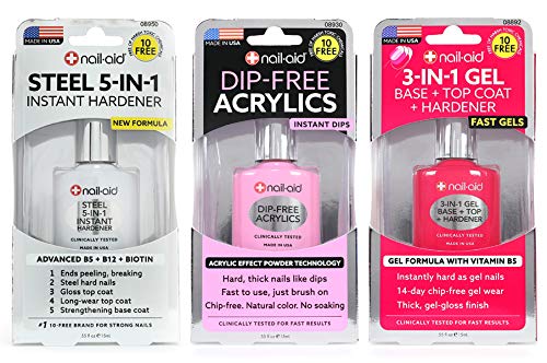 Nail-Aid3pk Of Steel Hardener + Dip-free Acrylics + 3-in-1 Gel Top Coat, French Sheer, N/A, 1.65 Fl Ounce