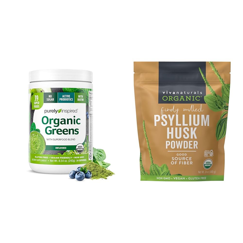 Purely Inspired Organic Green Powder Smoothie Mix (24 Servings) & Viva Naturals Organic Psyllium Husk Powder (24 oz) - Plant Based Superfoods