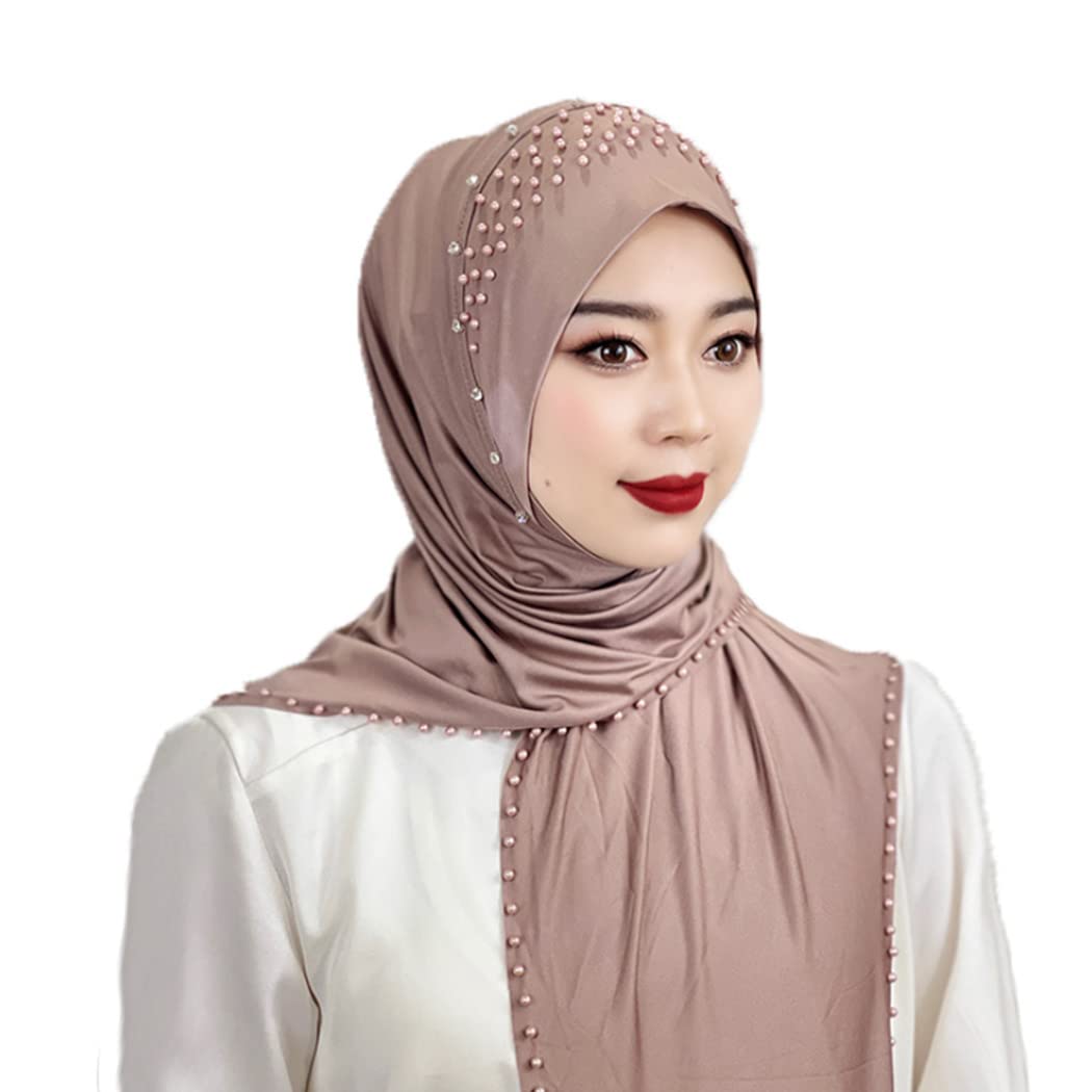 WoeoeWomen Rhinestone Pearl Muslim Head Wrap Plain Color Crystal Muslim Hijab Cap Lightweight One Piece Breathable Head Scarf, Khaki, M/One size