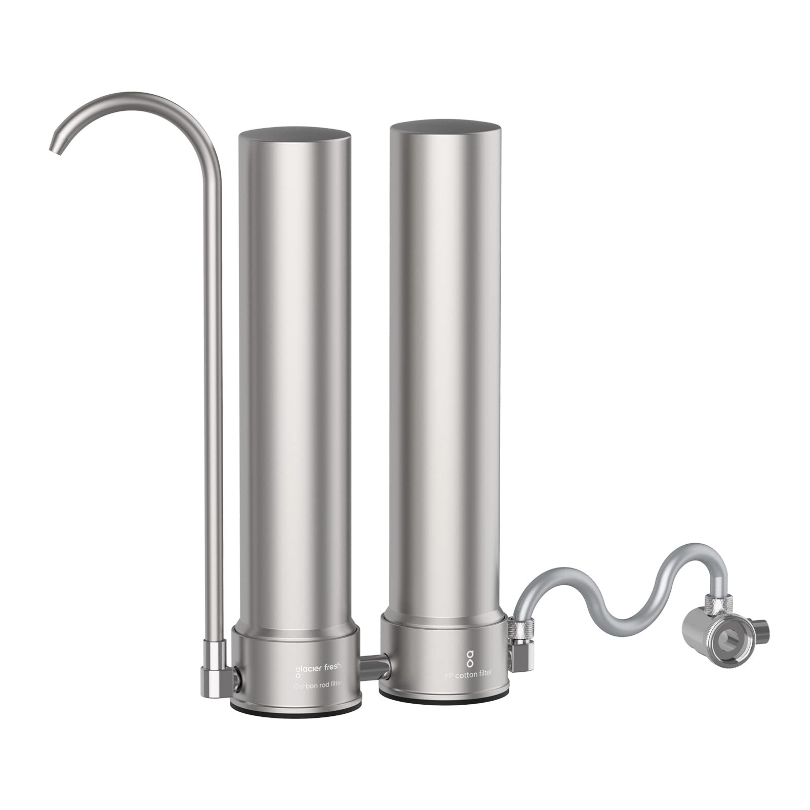 GLACIER FRESH Countertop Filter System, Stainless Steel Countertop Filter, Double Filtration with a Carbon Rod and PP Cotton Filter Element, 8000 Gallons Faucet Water Filter (2 Filter Included)