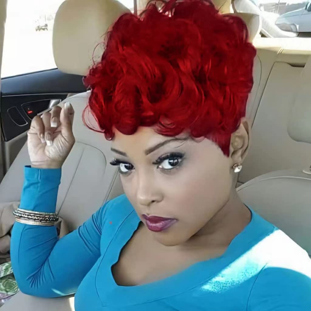 Pixie Cut Wigs for Black Women Short Hair, Multiple Color Short Layered Cut Wigs Natural Red Wavy Synthetic Wigs for Black Women Short hair wigs With Bang (Red)