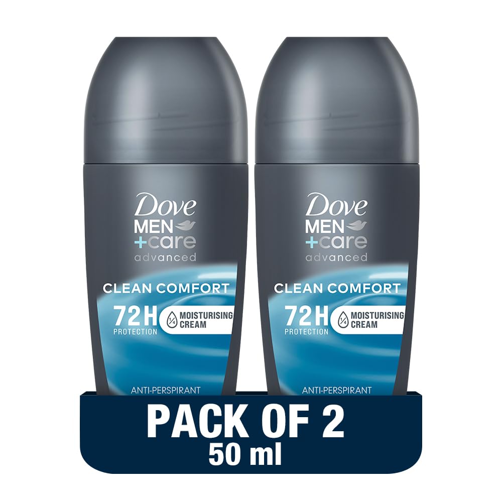 DOVE MEN+CARE Advanced Antiperspirant Roll-On Deodorant, Clean Comfort, Moisturizer, 72H Protection, 2x50ml