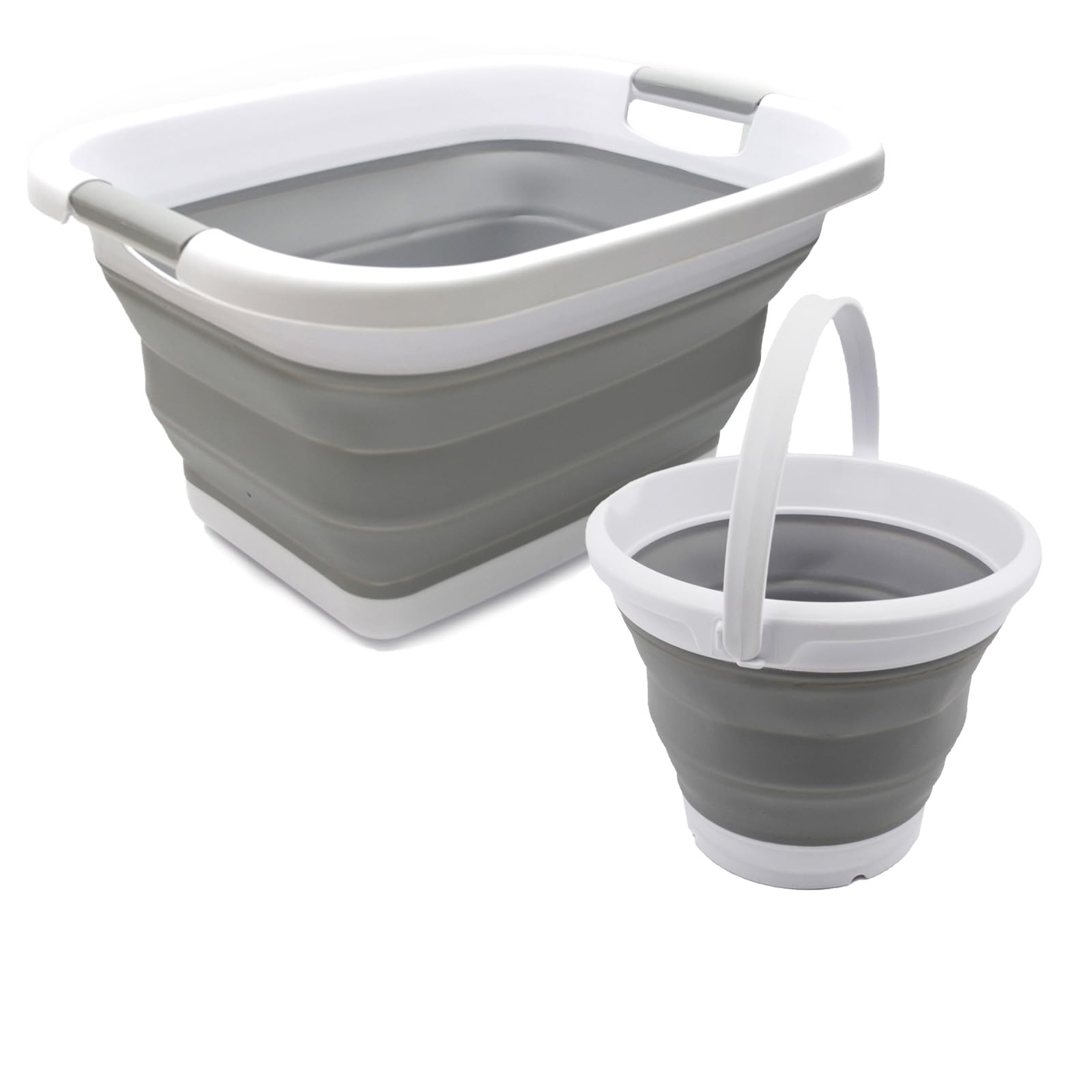 SAMMART2 pcs Set : 25L Collapsible Plasic Laundry Basket & 5.5L Collapsible Bucket/Waterpot (Laundry Basket+Bucket, Grey+Grey)