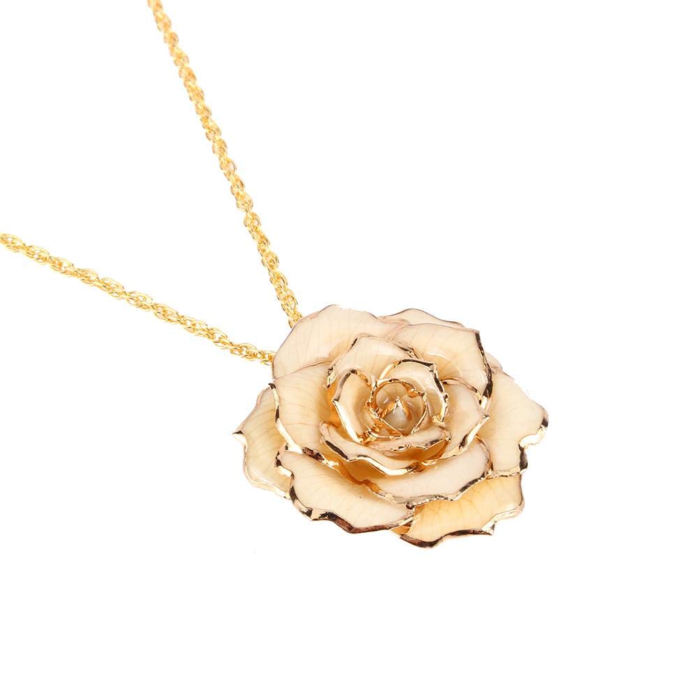 Yosoo24k Gold Dipped Dangle Necklace, 30mm Real Rose Necklace Chain Fashionable Rose Flower Pendant for Women (White)