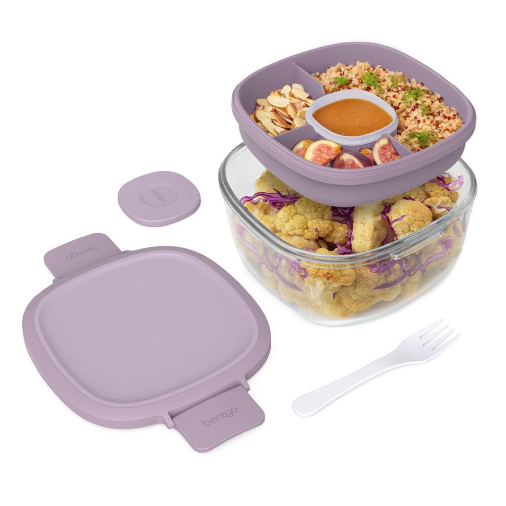 BentgoGlass All-in-One Salad Container - Large 61-oz Salad Bowl with Lid, 4-Compartment Bento-Style Tray, 3-oz Sauce Container, and Reusable Fork - Dishwasher, Microwave, and Oven Safe (Lavender)