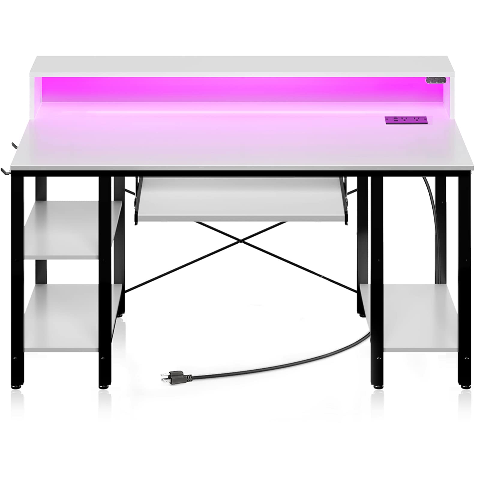 RolanstarComputer Desk 47 inch with LED Lights & Power Outlets, Gaming Desk with Storage Shelves, Home Office Desk with Keyboard Tray, Writing Desk with Monitor Stand, Study Desk, White